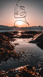 seaweed peeking out of shallow coastal waters, overlooking a sunset with line art of a woman's portrait drawn across the sky